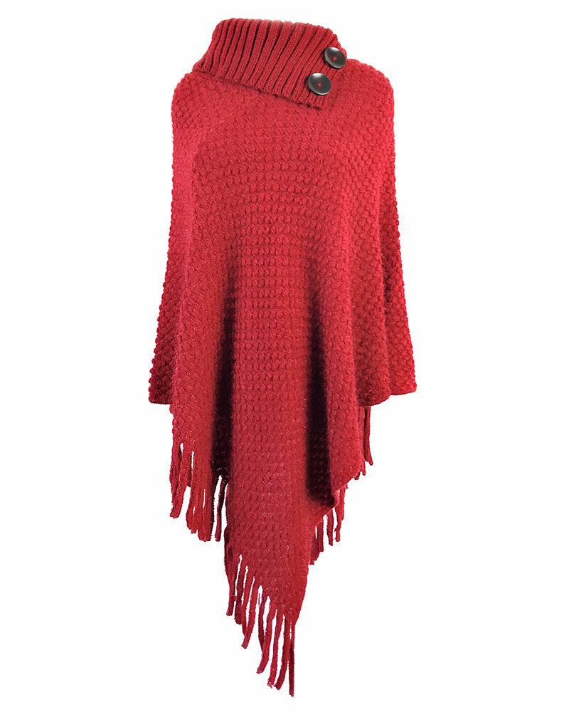 Dame Solid Button Uregelmæssig Hem Shawl Tassel Sweaters