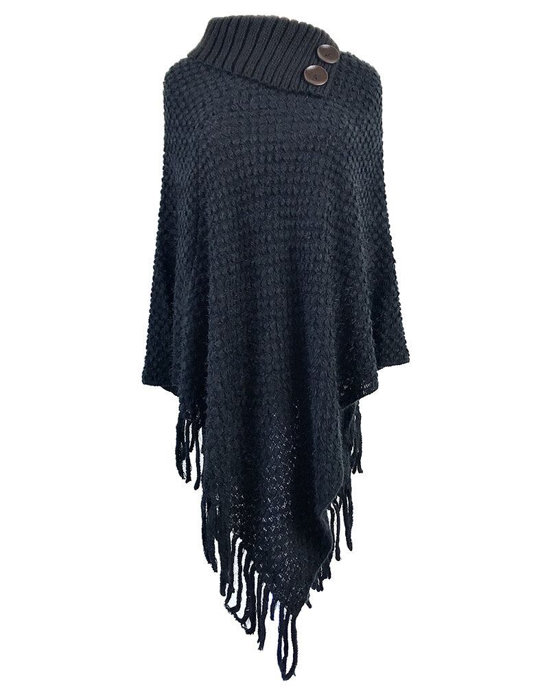 Dame Solid Button Uregelmæssig Hem Shawl Tassel Sweaters