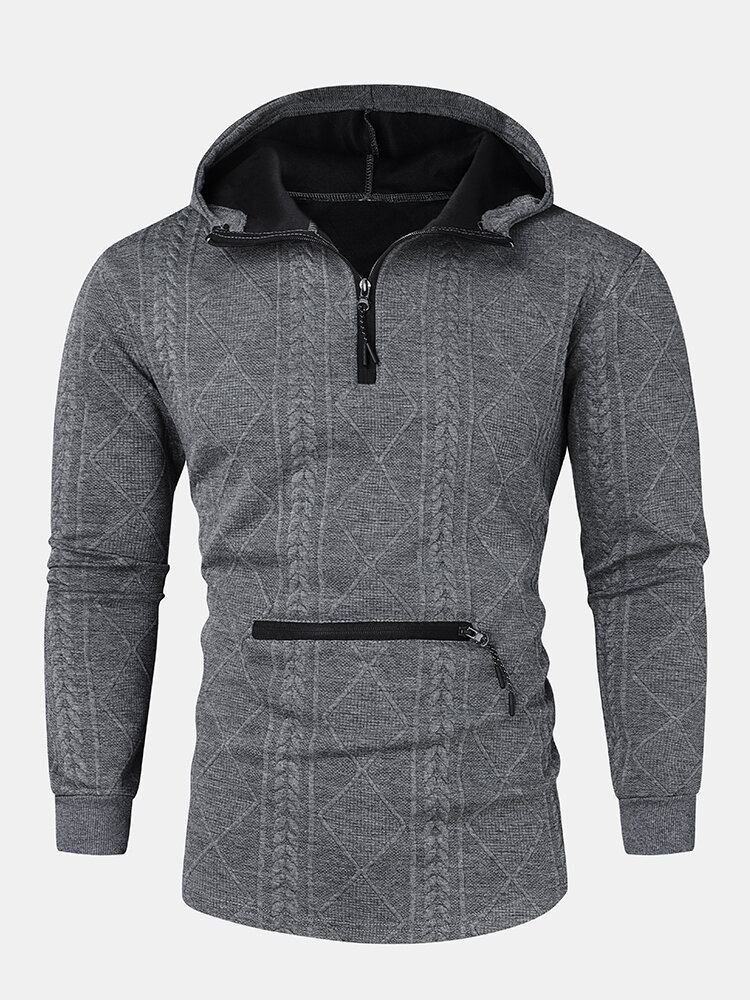 Herre Argyle Jacquard Strik Quarter Zip Bomuld Casual Hættetrøjer Med Lomme