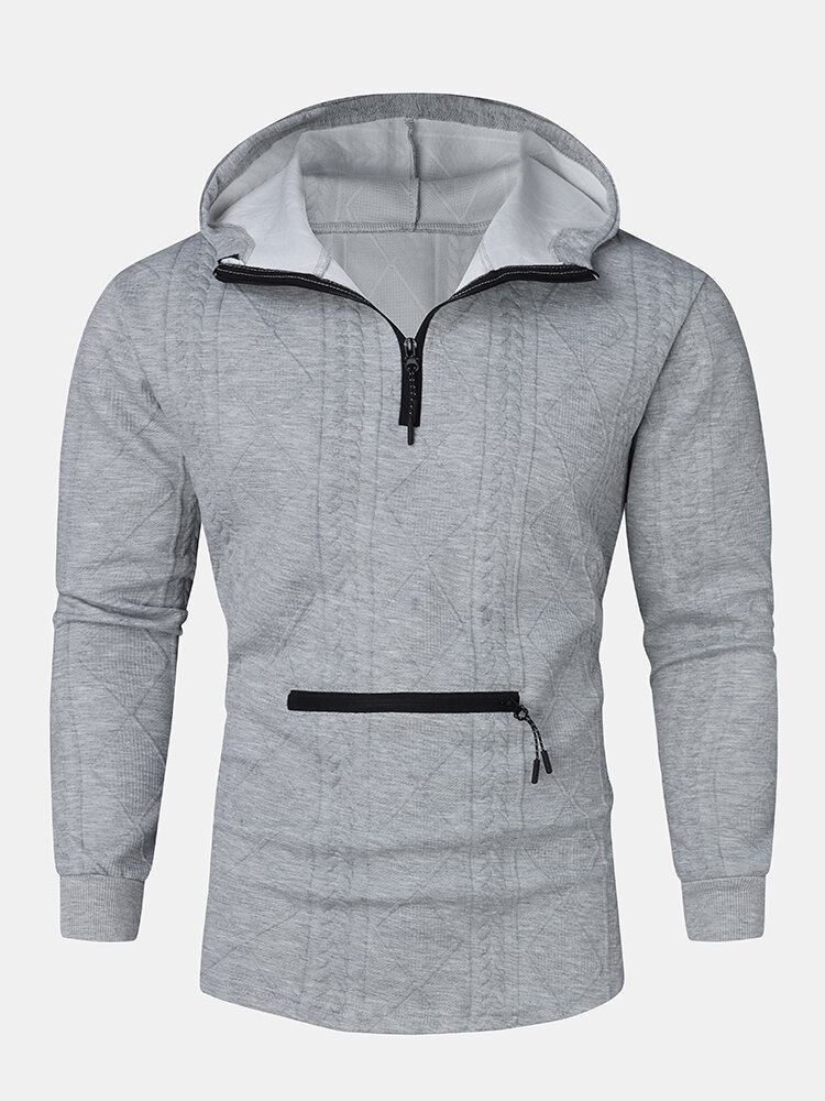 Herre Argyle Jacquard Strik Quarter Zip Bomuld Casual Hættetrøjer Med Lomme