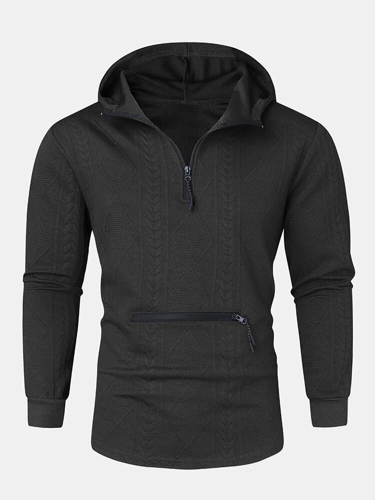 Herre Argyle Jacquard Strik Quarter Zip Bomuld Casual Hættetrøjer Med Lomme