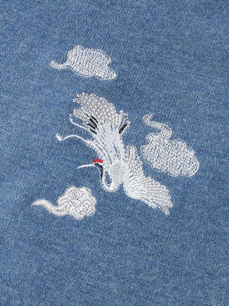 Herre Chinoiserie Crane Brodery Raglan Ærmer Varme Striktrøjer