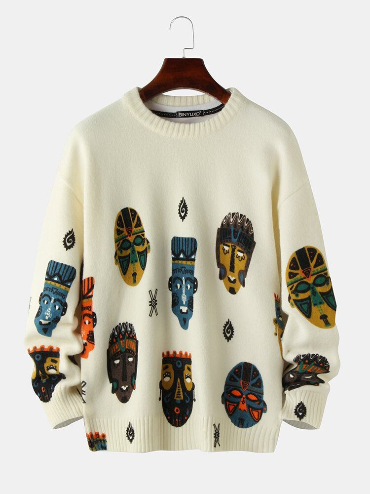 Herre Etnisk Figurmønster Print Bomuld Rund Hals Strikket Afslappet Sweater Sweater