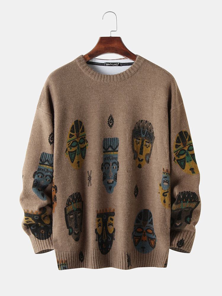 Herre Etnisk Figurmønster Print Bomuld Rund Hals Strikket Afslappet Sweater Sweater