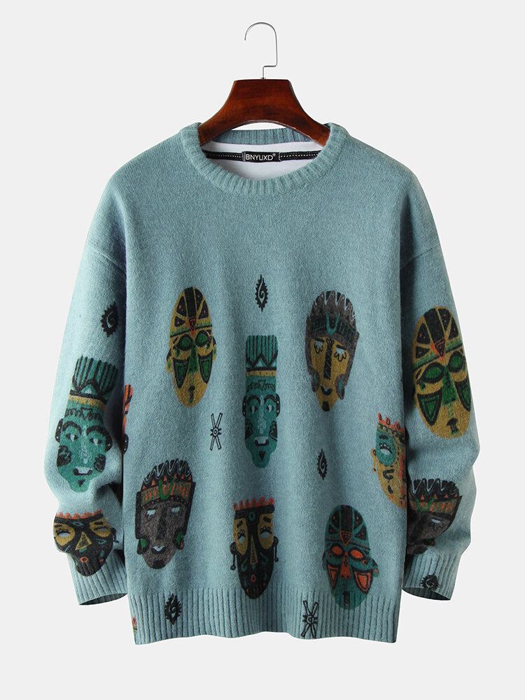 Herre Etnisk Figurmønster Print Bomuld Rund Hals Strikket Afslappet Sweater Sweater