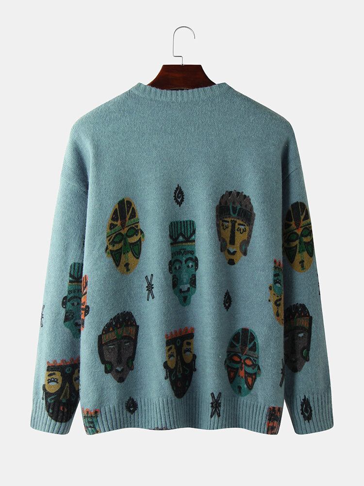 Herre Etnisk Figurmønster Print Bomuld Rund Hals Strikket Afslappet Sweater Sweater