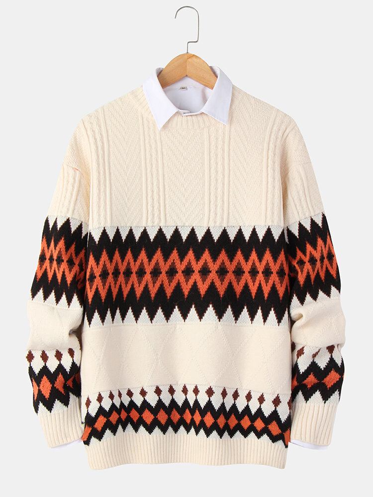 Herre Geometrisk Strikket Varm Tyk Kabel Langærmet Sweater