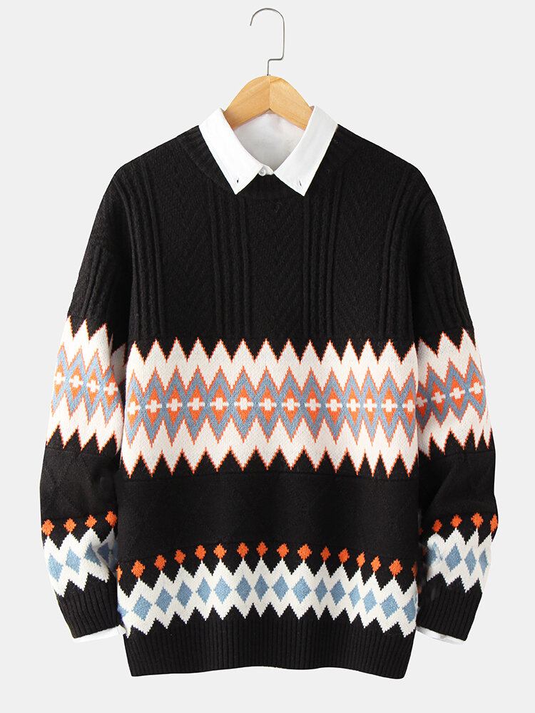 Herre Geometrisk Strikket Varm Tyk Kabel Langærmet Sweater