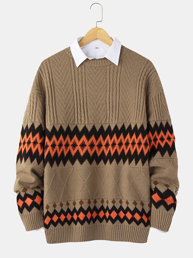 Herre Geometrisk Strikket Varm Tyk Kabel Langærmet Sweater