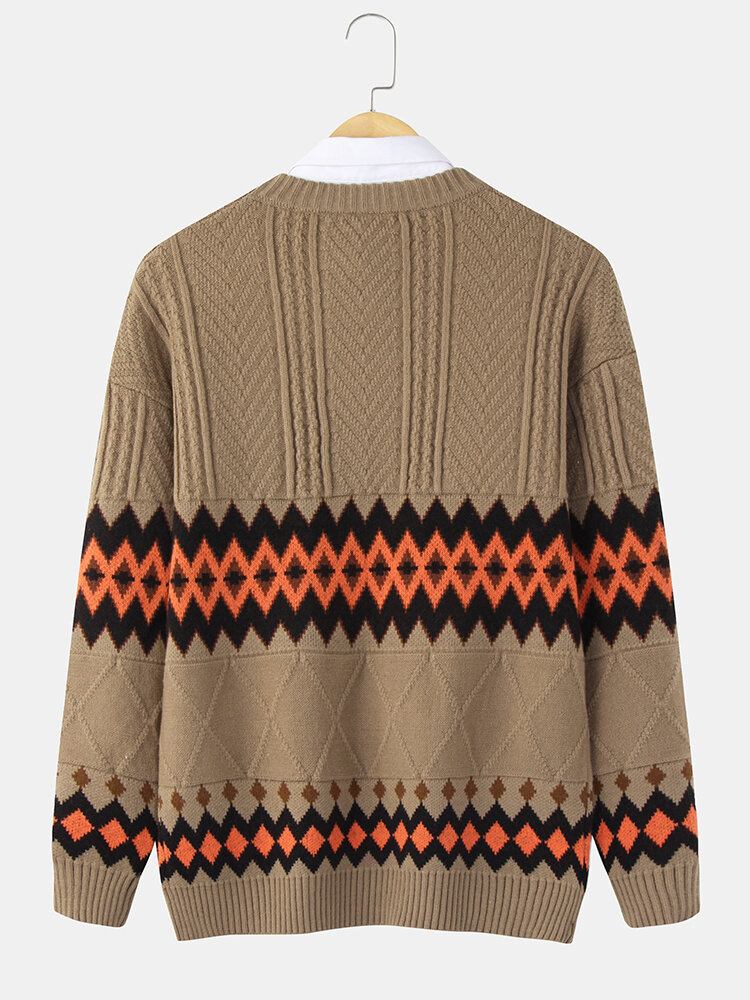 Herre Geometrisk Strikket Varm Tyk Kabel Langærmet Sweater