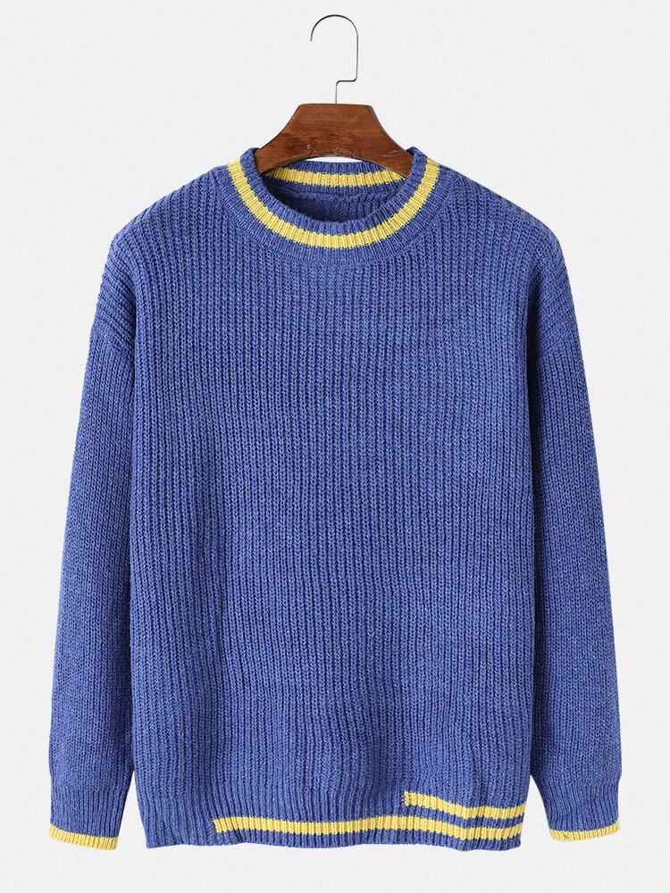 Herre Tyk Kontrastfarve Rund Hals Strikket Varm Sweater Med Normal Pasform