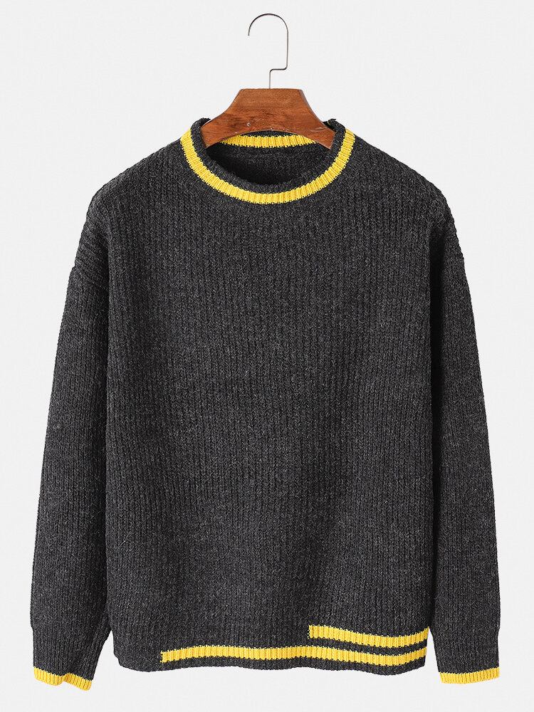 Herre Tyk Kontrastfarve Rund Hals Strikket Varm Sweater Med Normal Pasform