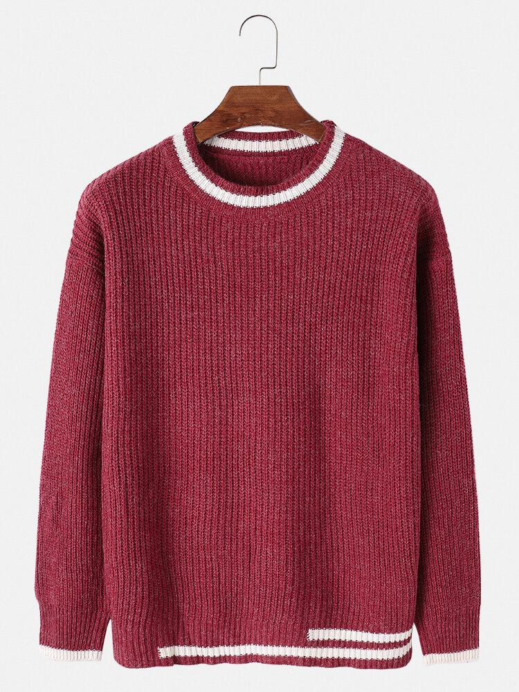 Herre Tyk Kontrastfarve Rund Hals Strikket Varm Sweater Med Normal Pasform