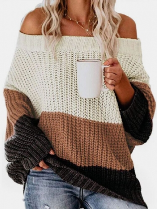 Kvinder Color Block Patchwork Strikket Off Skulder Casual Sweaters