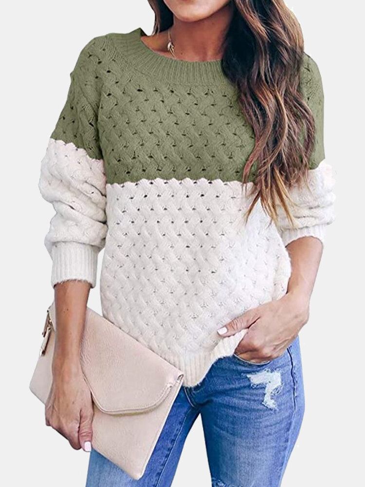 Kvinder Colorblock Knitting Hollow Out Casual Langærmet Sweater