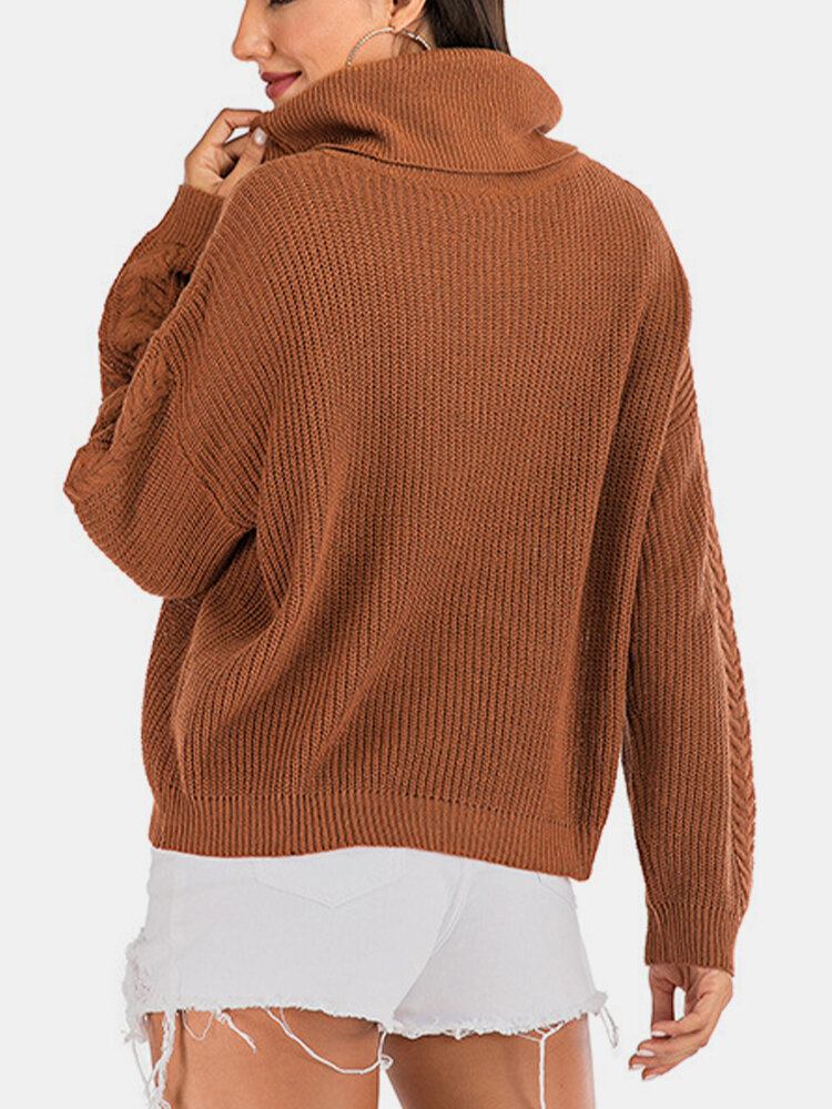 Kvinder Ensfarvet Højhalset Trøje Casual Varm Ribstrikket Sweater