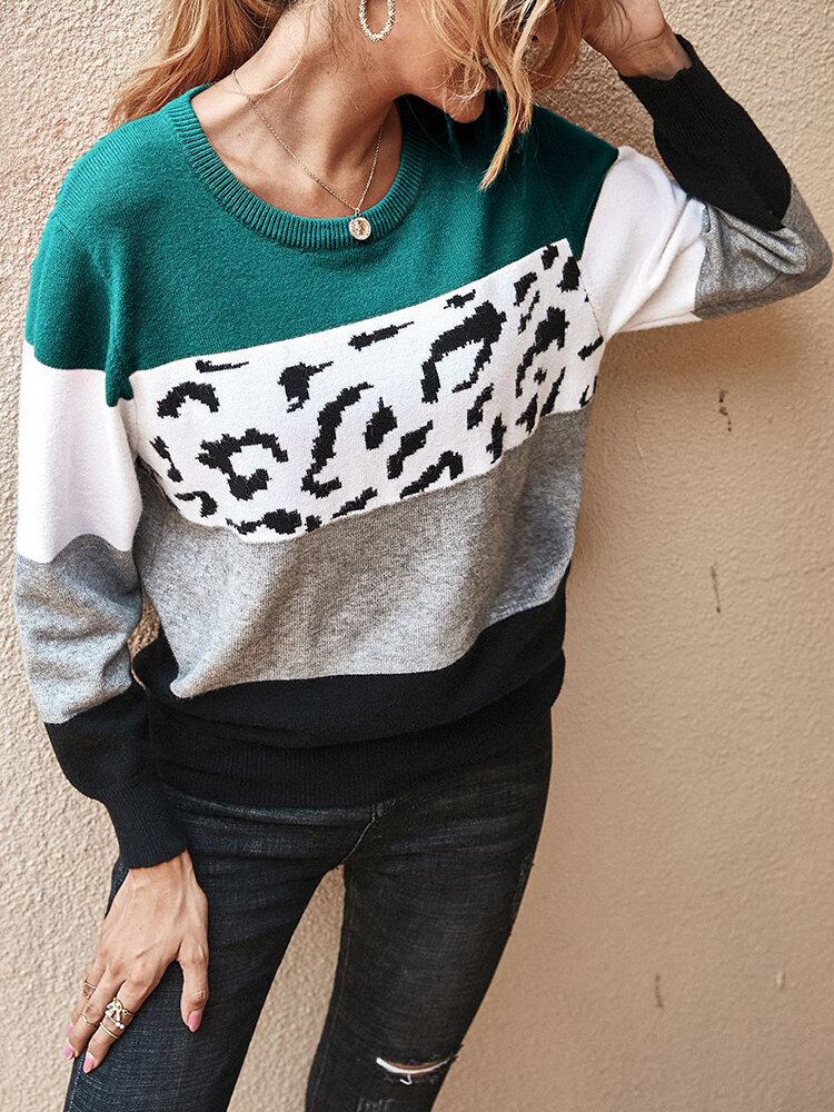 Kvinder Farve Blok Leopard Rundhals Langærmet Casual Sweaters