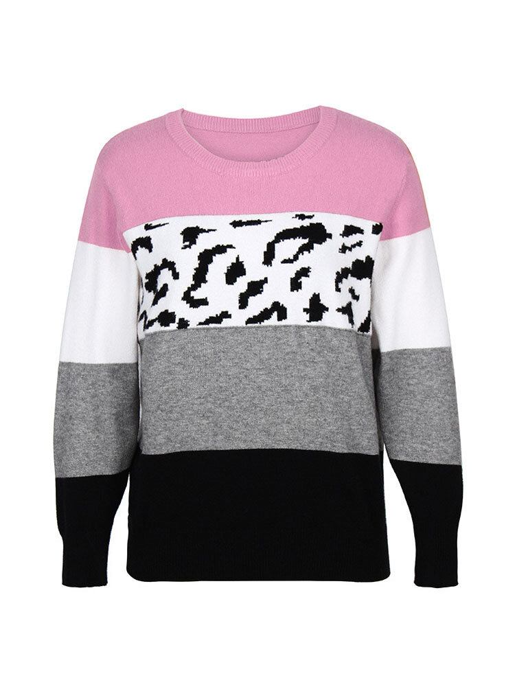 Kvinder Farve Blok Leopard Rundhals Langærmet Casual Sweaters