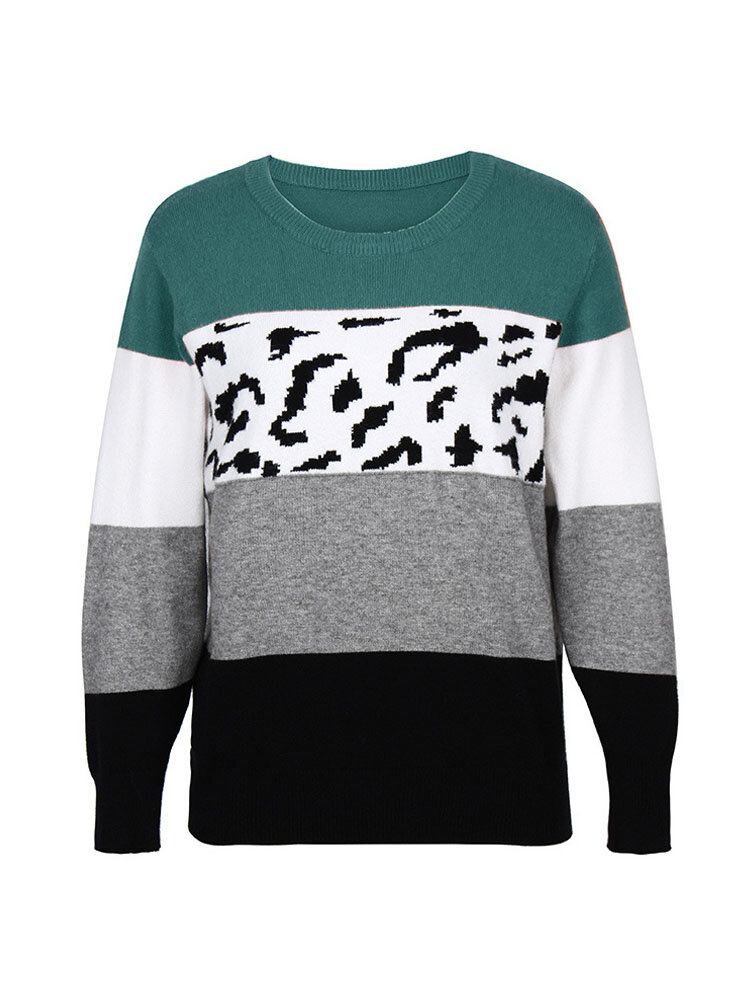 Kvinder Farve Blok Leopard Rundhals Langærmet Casual Sweaters