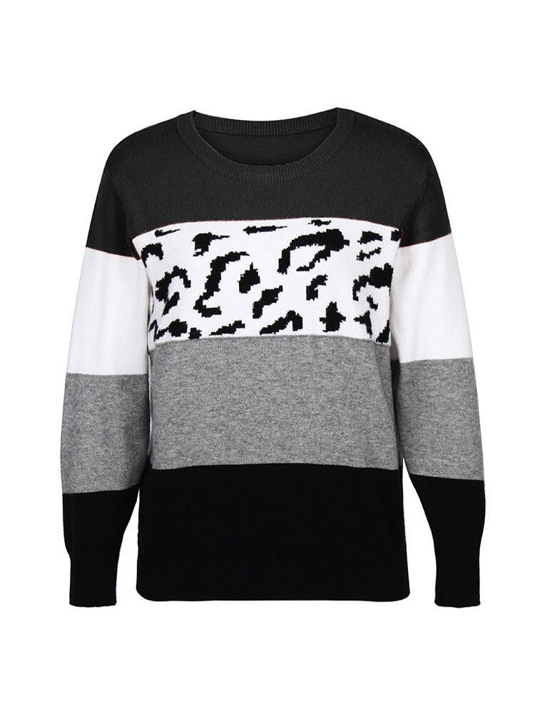 Kvinder Farve Blok Leopard Rundhals Langærmet Casual Sweaters