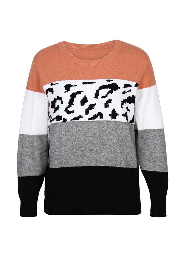 Kvinder Farve Blok Leopard Rundhals Langærmet Casual Sweaters