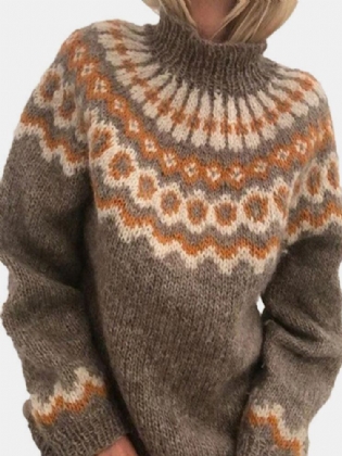 Kvinder Jacquard Printet Casual High Neck Pullover Strikket Pullover Sweater