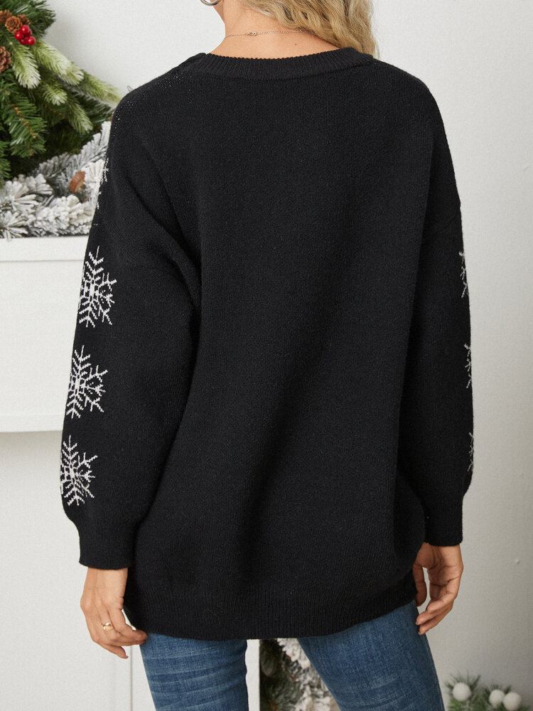 Kvinder Jul Elg Trykt Tegneserie Dyr Snefnug Rundhalset Sweater