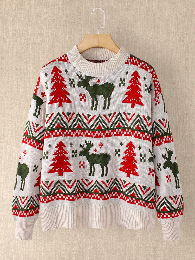 Kvinder Jul Mønster Print Rundhals Tyk Varm Casual Strikket Sweater