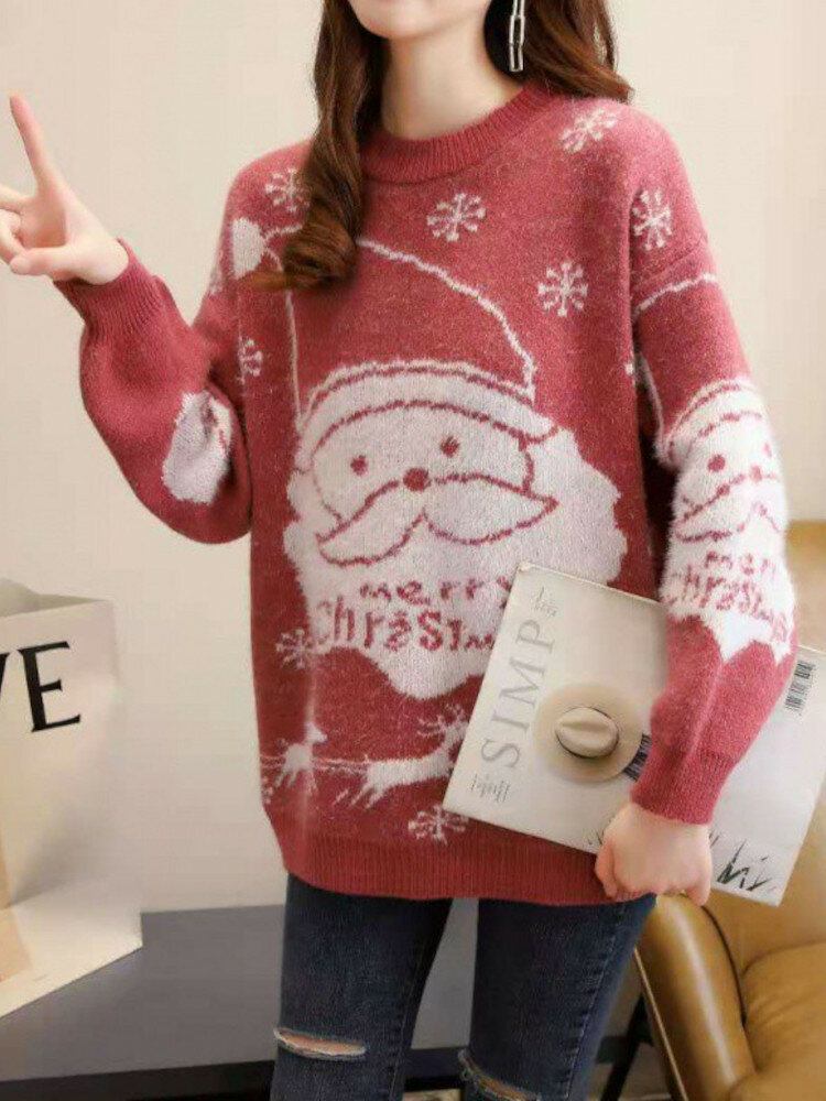 Kvinder Jul Termisk Strik Cartoon Santa Mønster Casual Sweaters