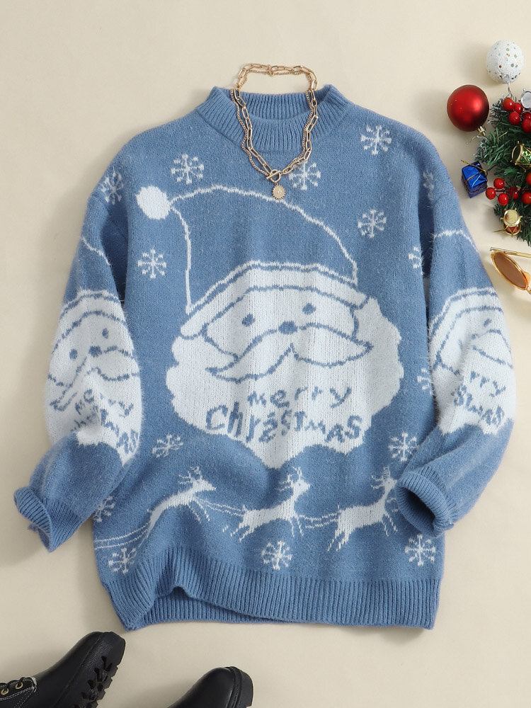 Kvinder Jul Termisk Strik Cartoon Santa Mønster Casual Sweaters