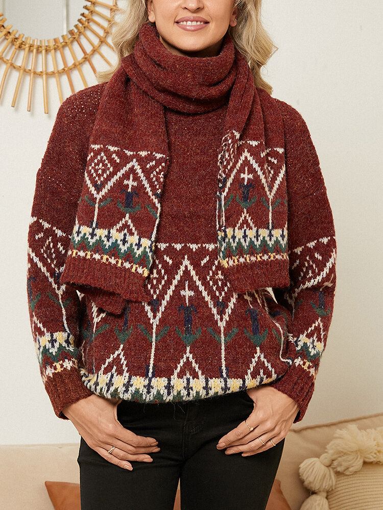 Kvinder Juleelementer Claret Vintage Med Tørklæde Casual Sweaters