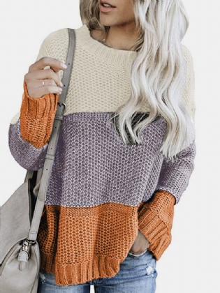 Kvinder Kontrastfarve Patchwork Rundhals Langærmet Strikket Casual Sweater