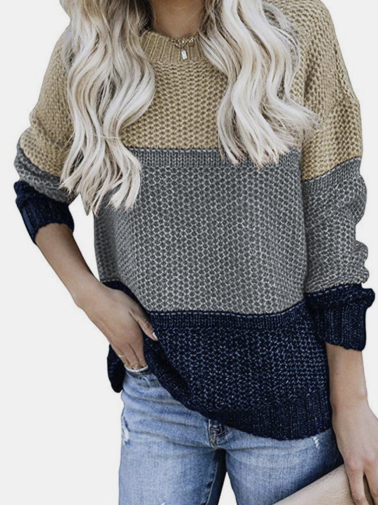 Kvinder Kontrastfarve Patchwork Rundhals Langærmet Strikket Casual Sweater