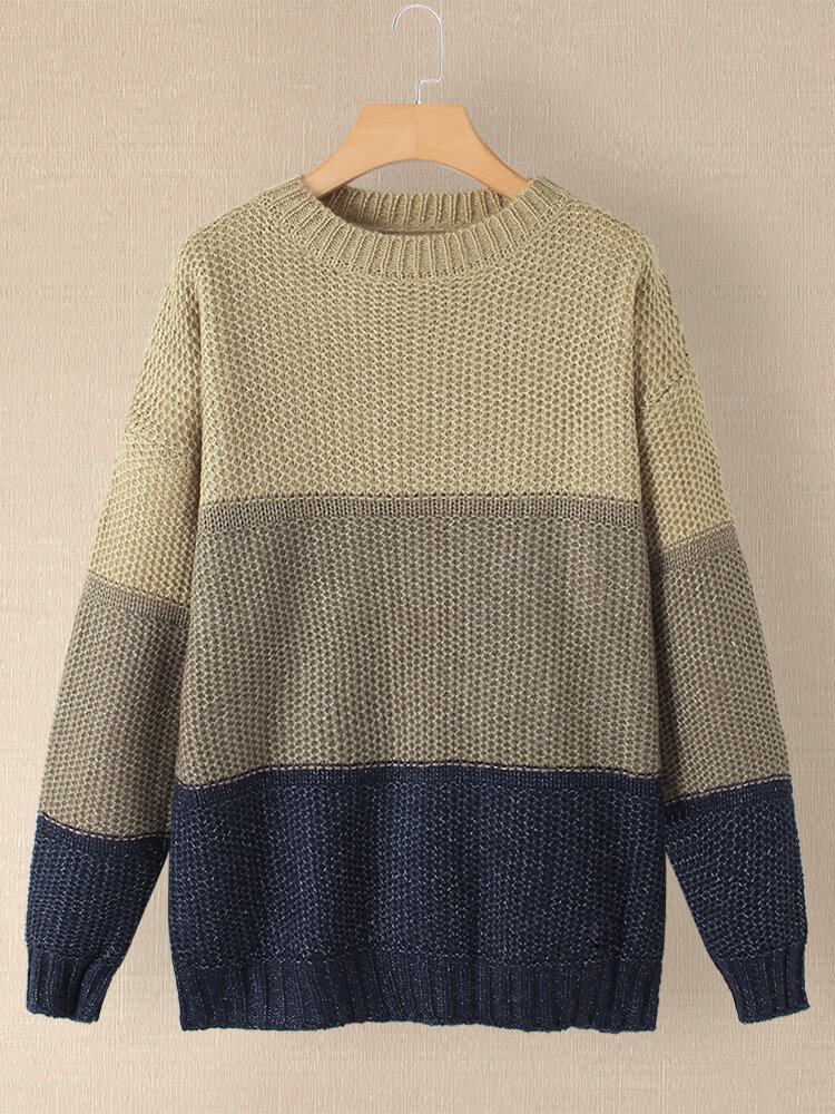 Kvinder Kontrastfarve Patchwork Rundhals Langærmet Strikket Casual Sweater