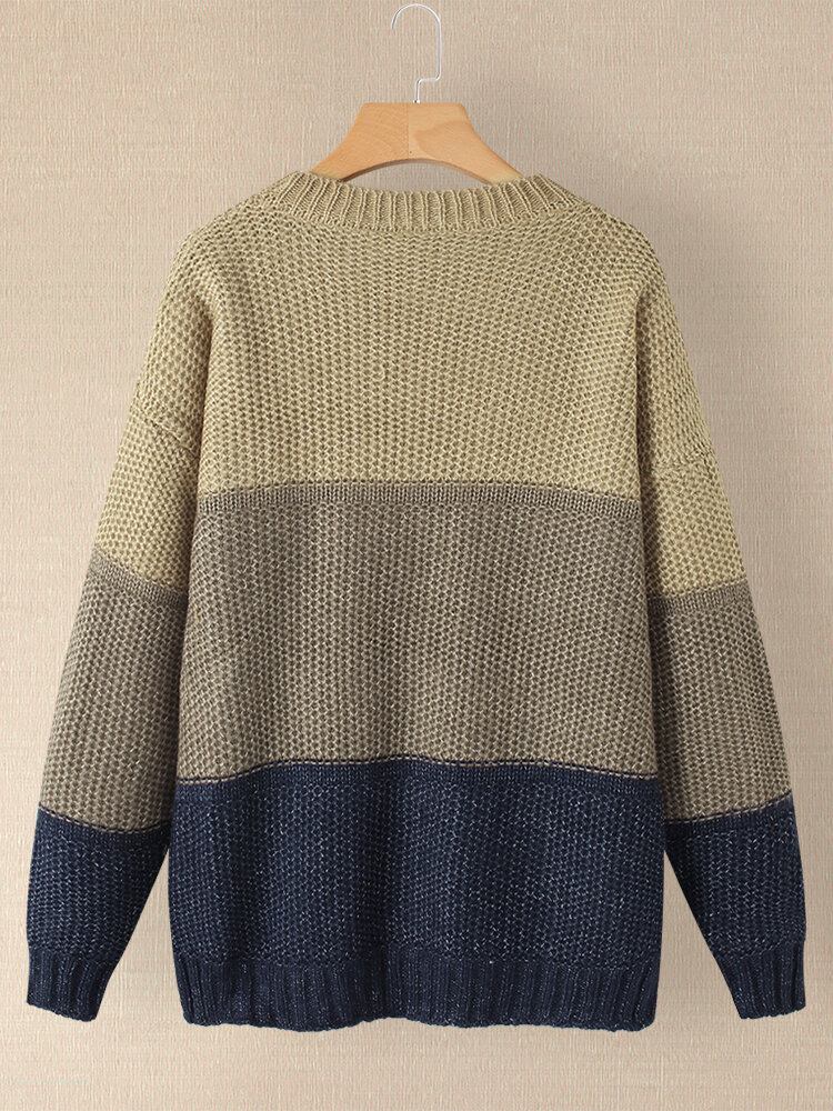 Kvinder Kontrastfarve Patchwork Rundhals Langærmet Strikket Casual Sweater