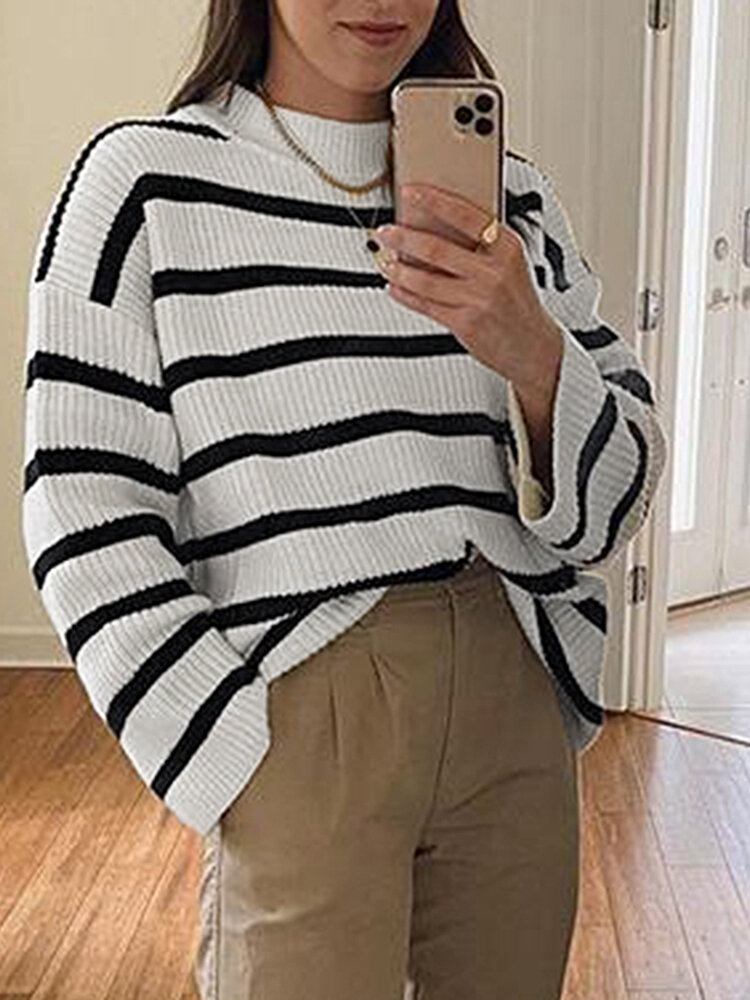 Kvinder Sort Og Hvid Stribet O-udskæring Casual Løs Fit Preppy Sweatre