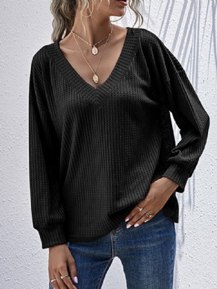 Kvinder Tekstur Strik V-hals Pure Color Langærmede Almindelige Sweatere