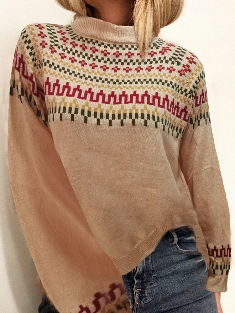 Kvinder Vintage Jacquard Printet Halvkrave Casual Pullover Strikket Sweater