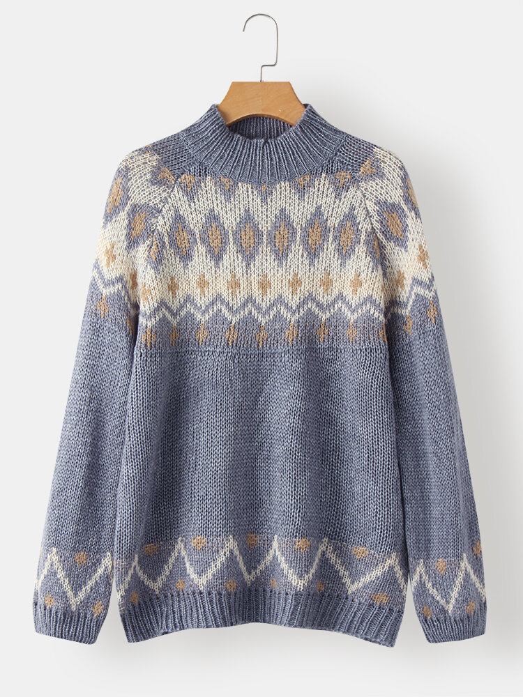 Kvinder Vintage Mønster Strik Raglan Ærmer Casual Pullover Trøjer