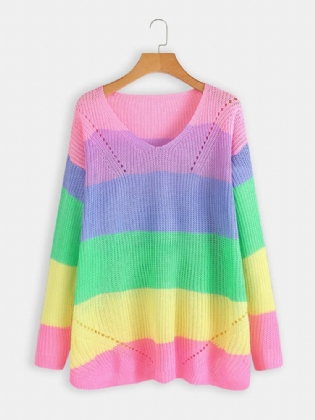 Langærmet V-udskæring Rainbow Stripe Color Block Sweatere