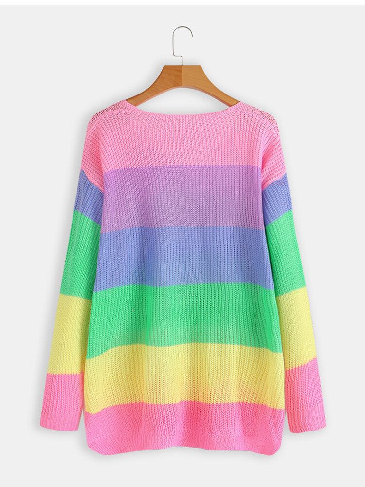 Langærmet V-udskæring Rainbow Stripe Color Block Sweatere