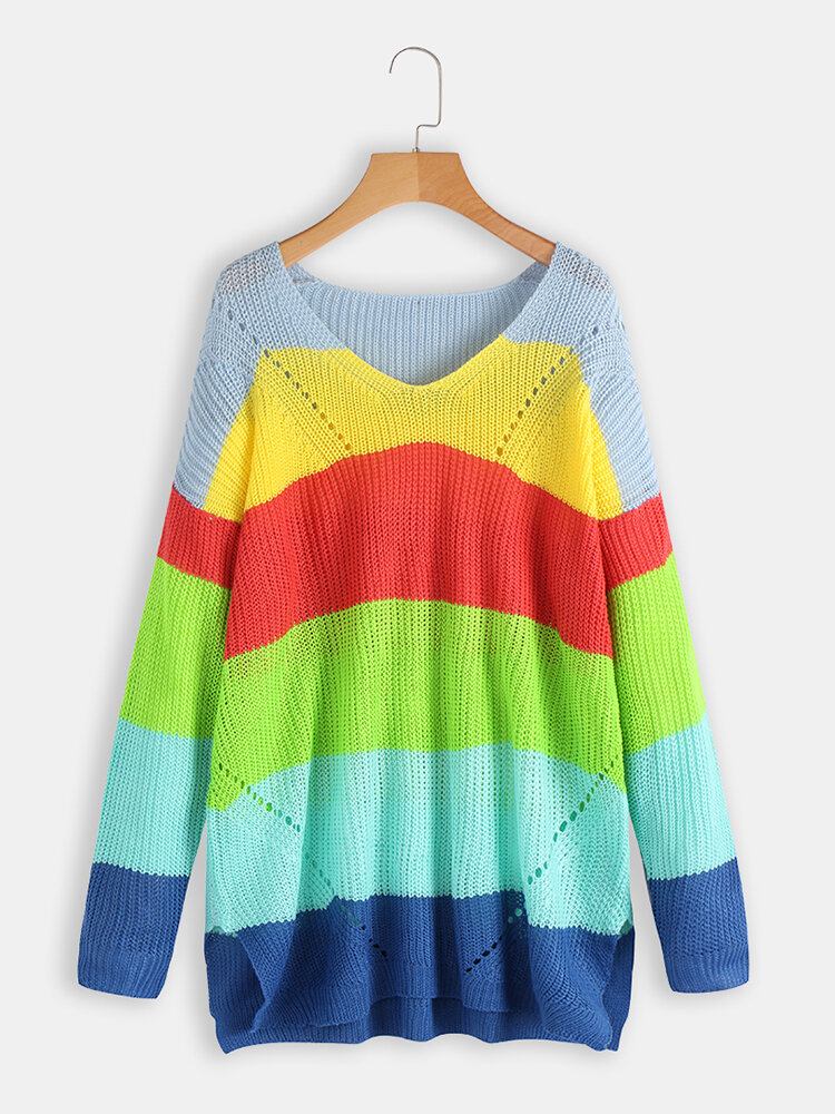 Langærmet V-udskæring Rainbow Stripe Color Block Sweatere