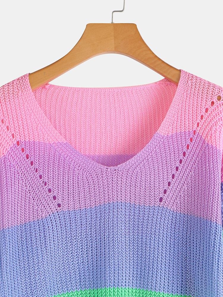 Langærmet V-udskæring Rainbow Stripe Color Block Sweatere