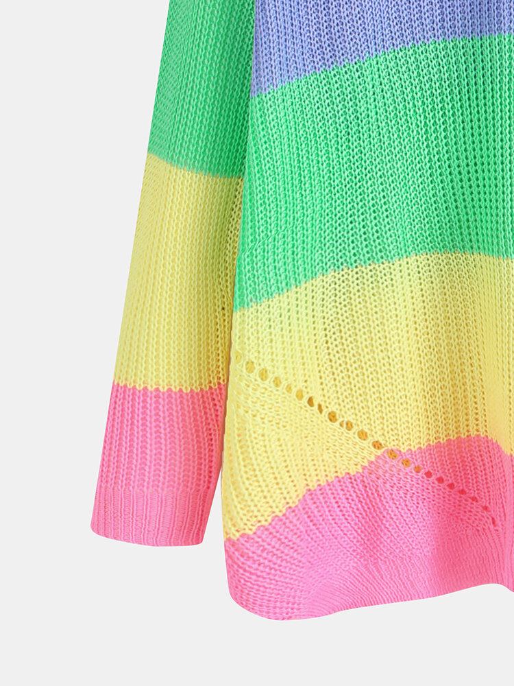 Langærmet V-udskæring Rainbow Stripe Color Block Sweatere