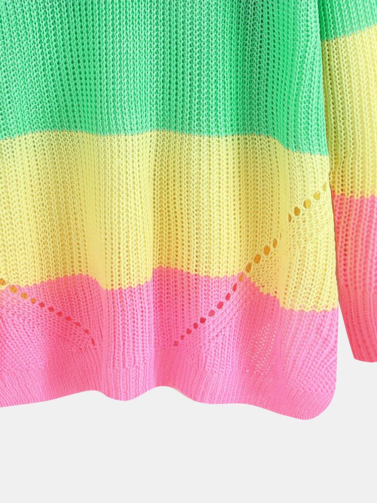 Langærmet V-udskæring Rainbow Stripe Color Block Sweatere