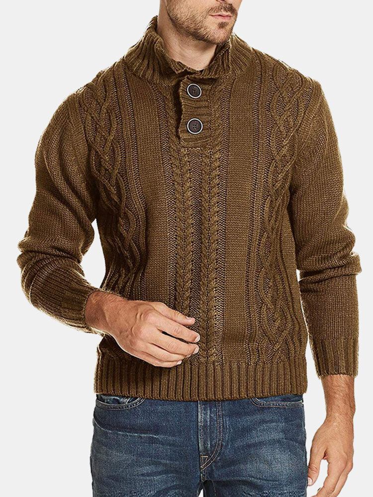 Mænd Kabelstrik Revers Knap Solid Pullover Casual Sweaters