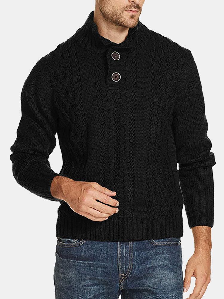 Mænd Kabelstrik Revers Knap Solid Pullover Casual Sweaters