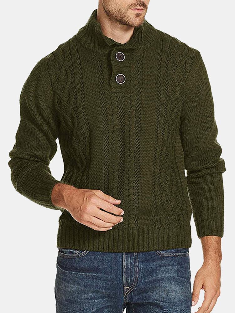 Mænd Kabelstrik Revers Knap Solid Pullover Casual Sweaters