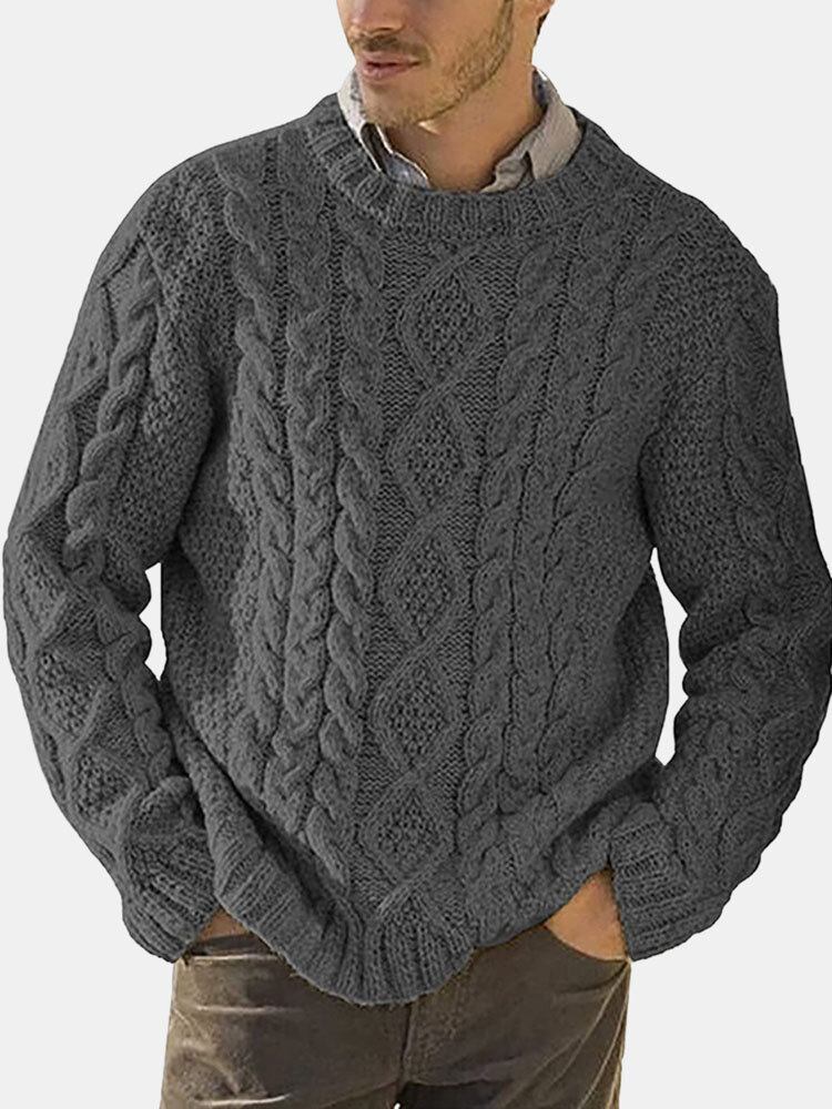 Mænd Solid Cable Strik Rundhals Casual Pullover Sweatere