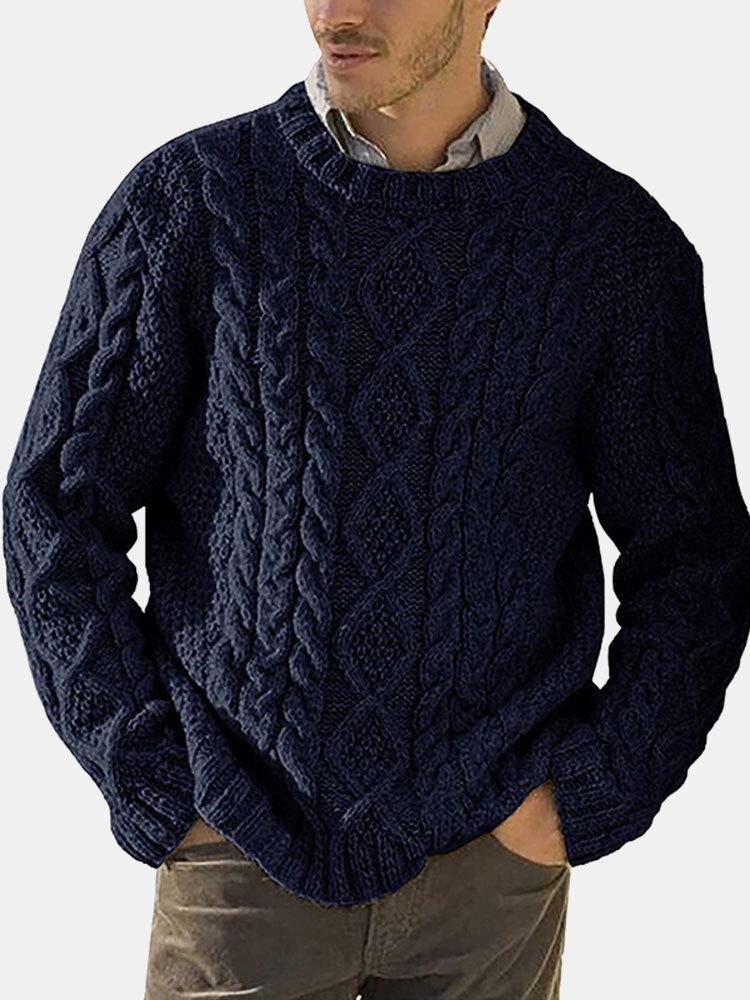 Mænd Solid Cable Strik Rundhals Casual Pullover Sweatere